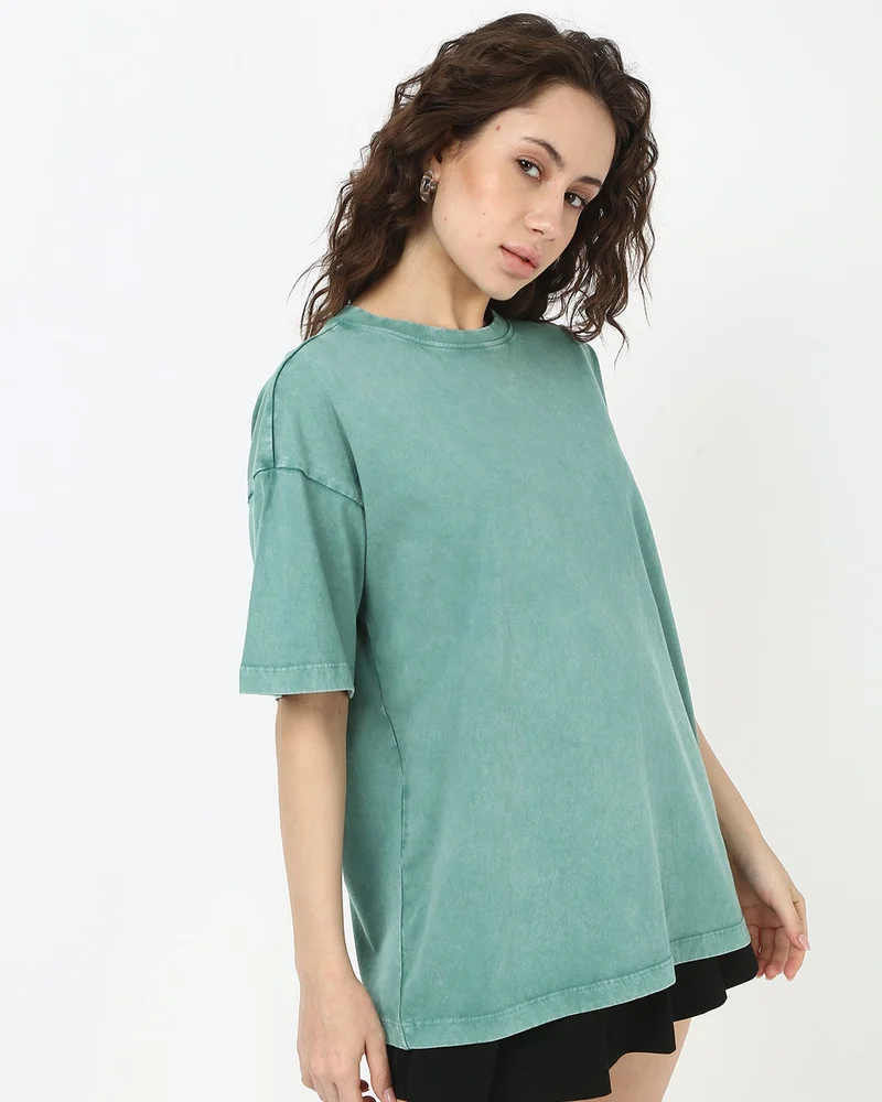 bewakoof Women's Granite Green Oversized Acid Wash T-shirt